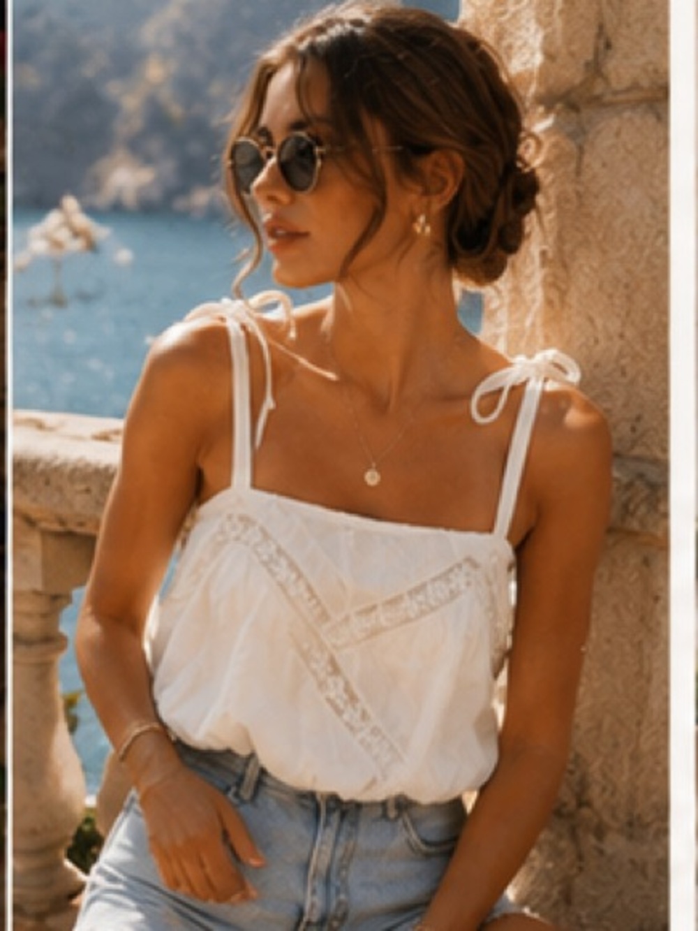 ZARA White Tie-Strap Lace Trim Boho Top NWT | Vacation Coastal Chic - Picture 5 of 8